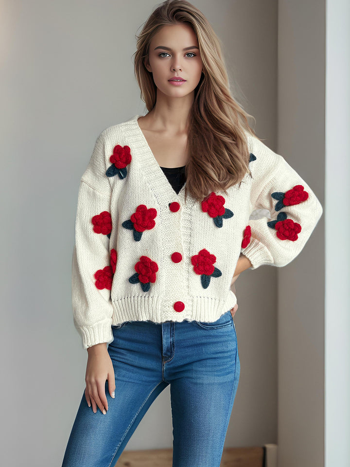 Damen kuschelige Strickjacke mit floralem 3D-Design und großen Knöpfen Drune