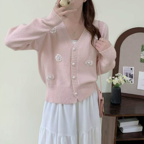 Damen kuschelige Strickjacke mit Blumenstickerei und Perlenknöpfen Drune