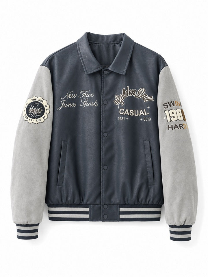 Herren Varsity-Bomberjacke im College-Stil mit Kunstleder-Körper, Veloursleder-Optikärmeln und bestickten Patches Drune