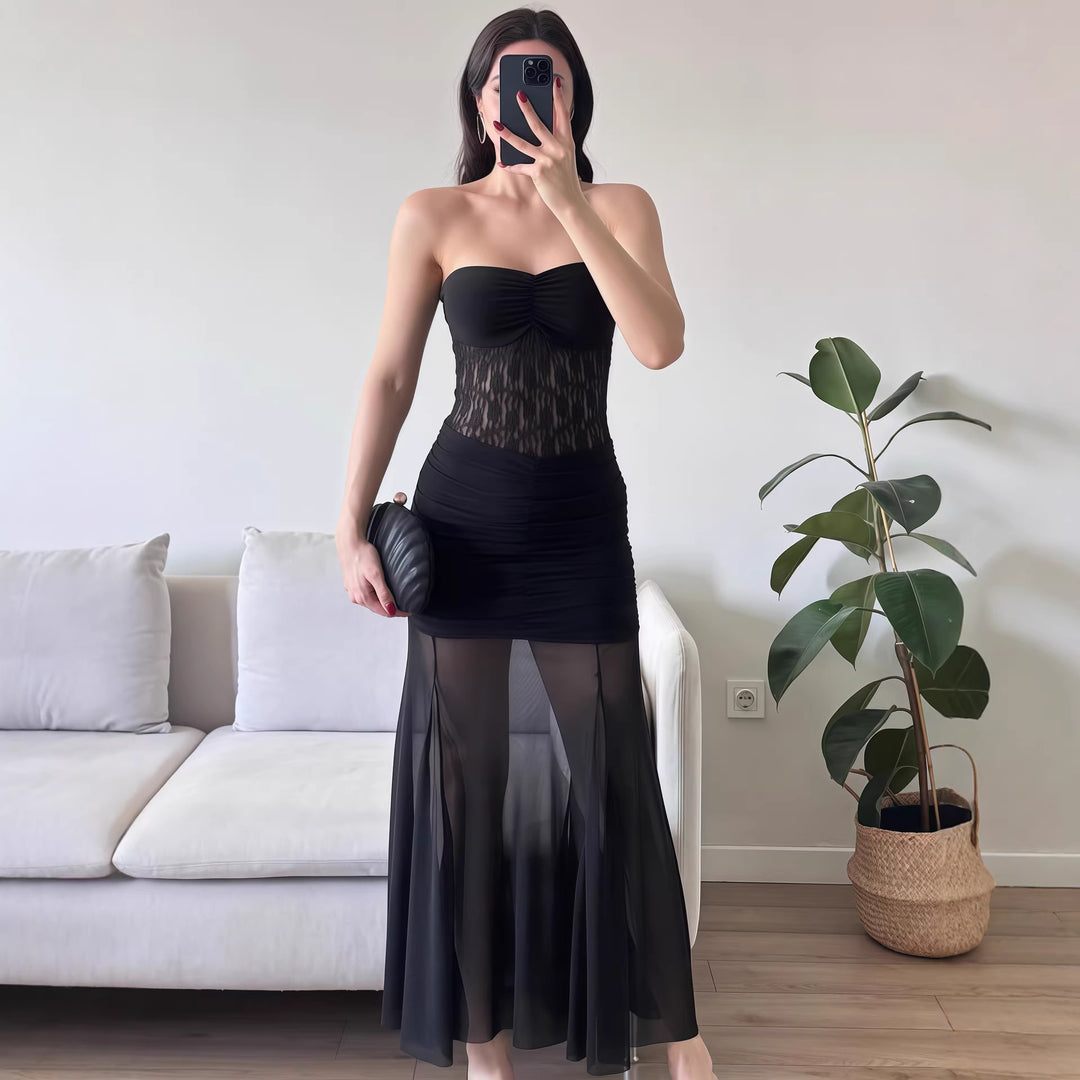 Damen Elegantes bodenlanges Kleid mit Spitzenakzenten Drune