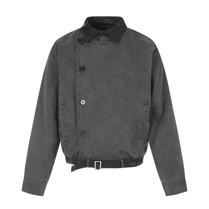 Herren Kurz geschnittener Boxy-Blouson mit asymmetrischer Knopfleiste, Taillengürtel und Kontrastkragen Drune