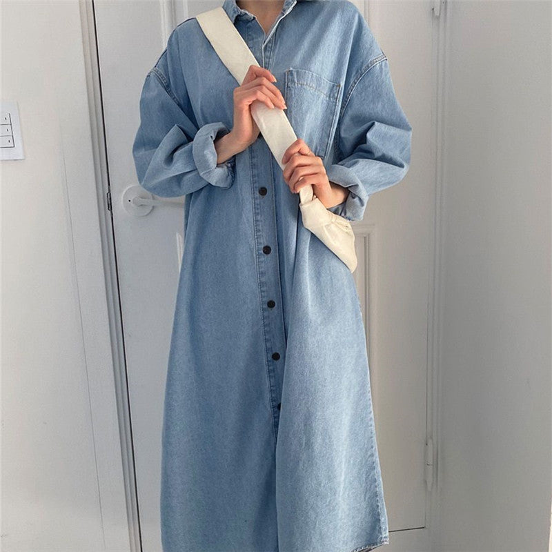 Damen Oversize-Denim-Maxikleid im Hemdstil mit Brusttasche und durchgehender Knopfleiste Drune