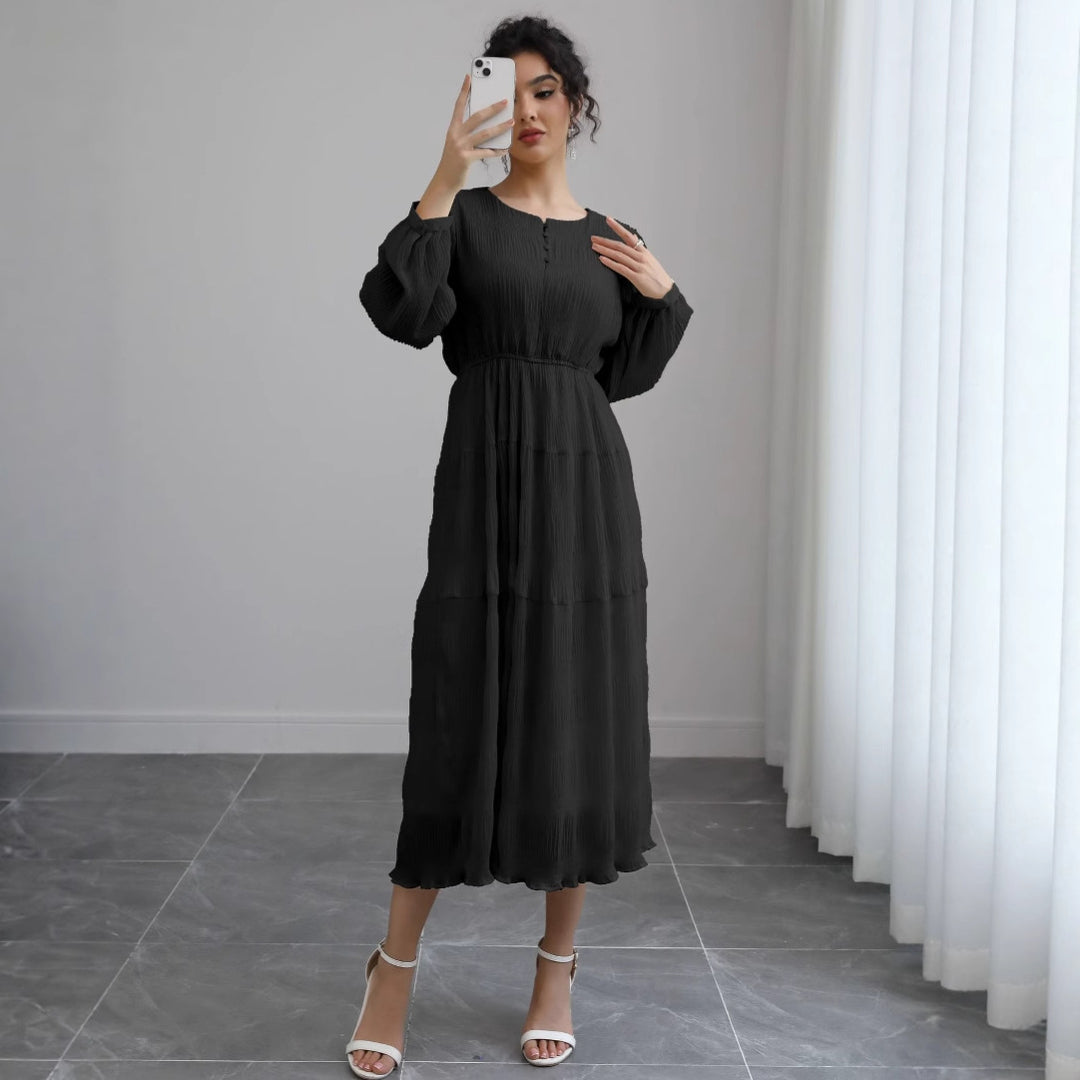 Damen Midikleid aus Crêpe mit Stufenrock, geraffter Taille und Ballonärmeln Drune