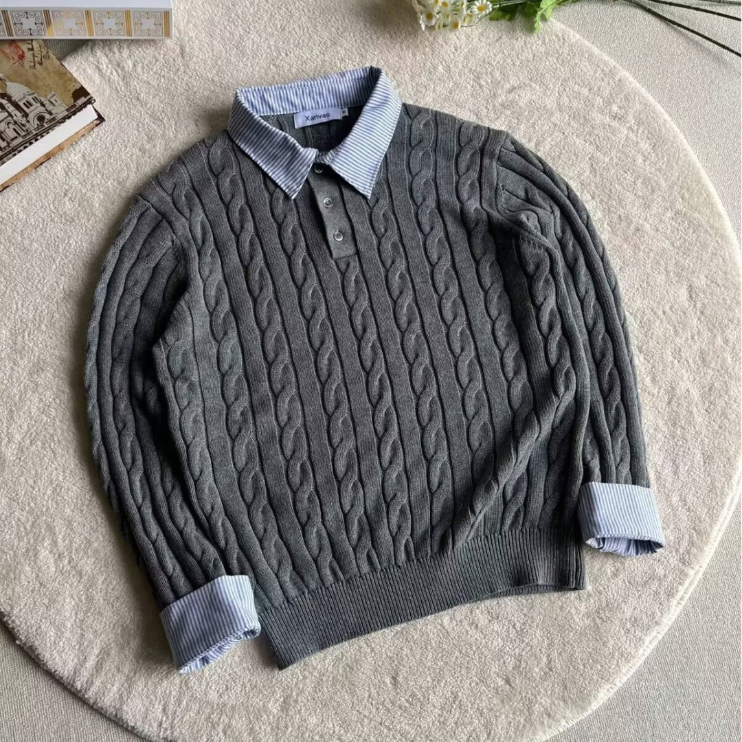 Damen Modischer Grobstrickpullover mit attraktivem Hemdkragen Drune
