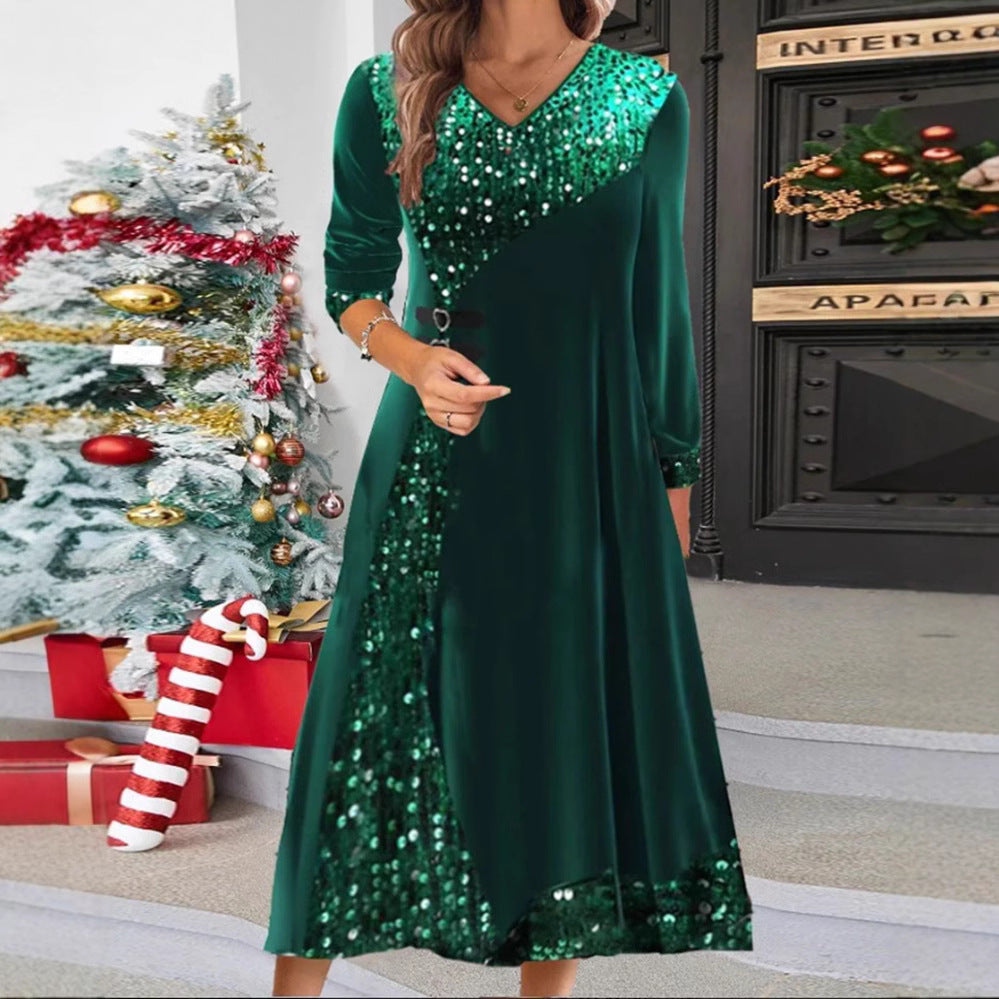 Damen nan festliches Pailletten-Panel-Maxikleid mit V-Ausschnitt langen Ärmeln und dekorativen Taillengurten Drune
