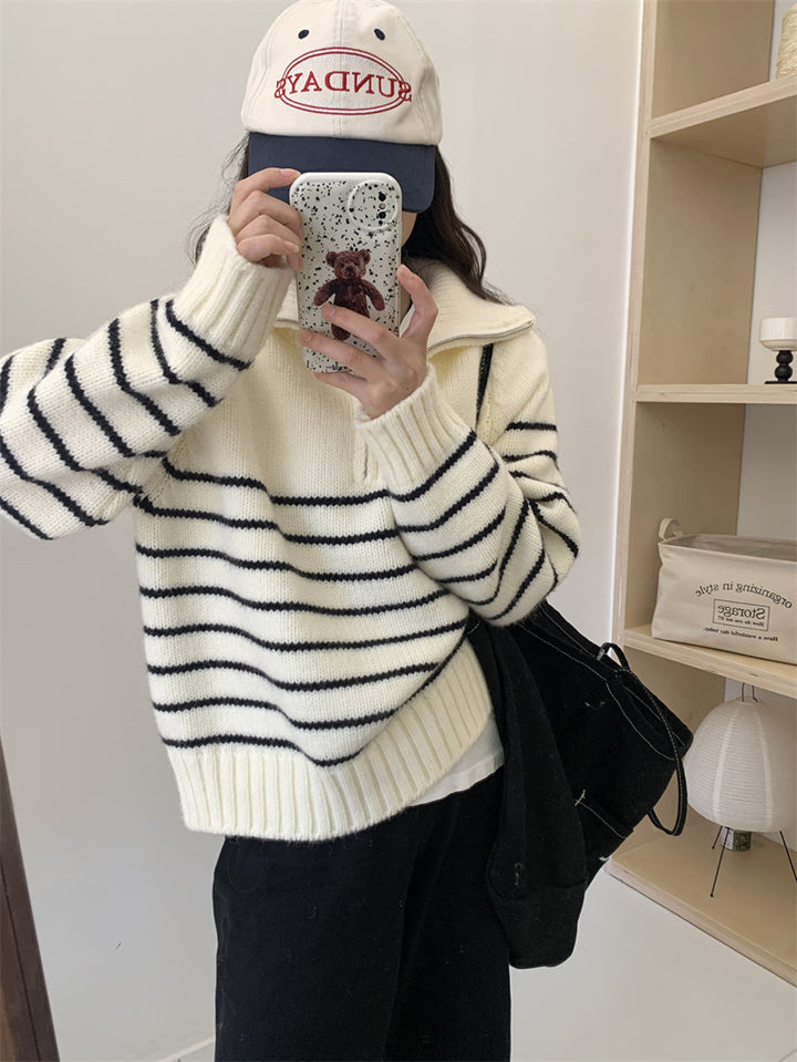 Damen Lässiger Pullover mit gestreiftem Design und halbem Reißverschluss Drune