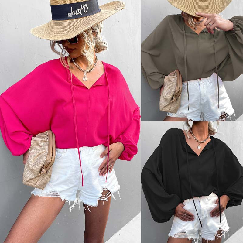 Damen luftiges Blusenshirt mit weiten Ärmeln und modischem Schleifendetail Drune