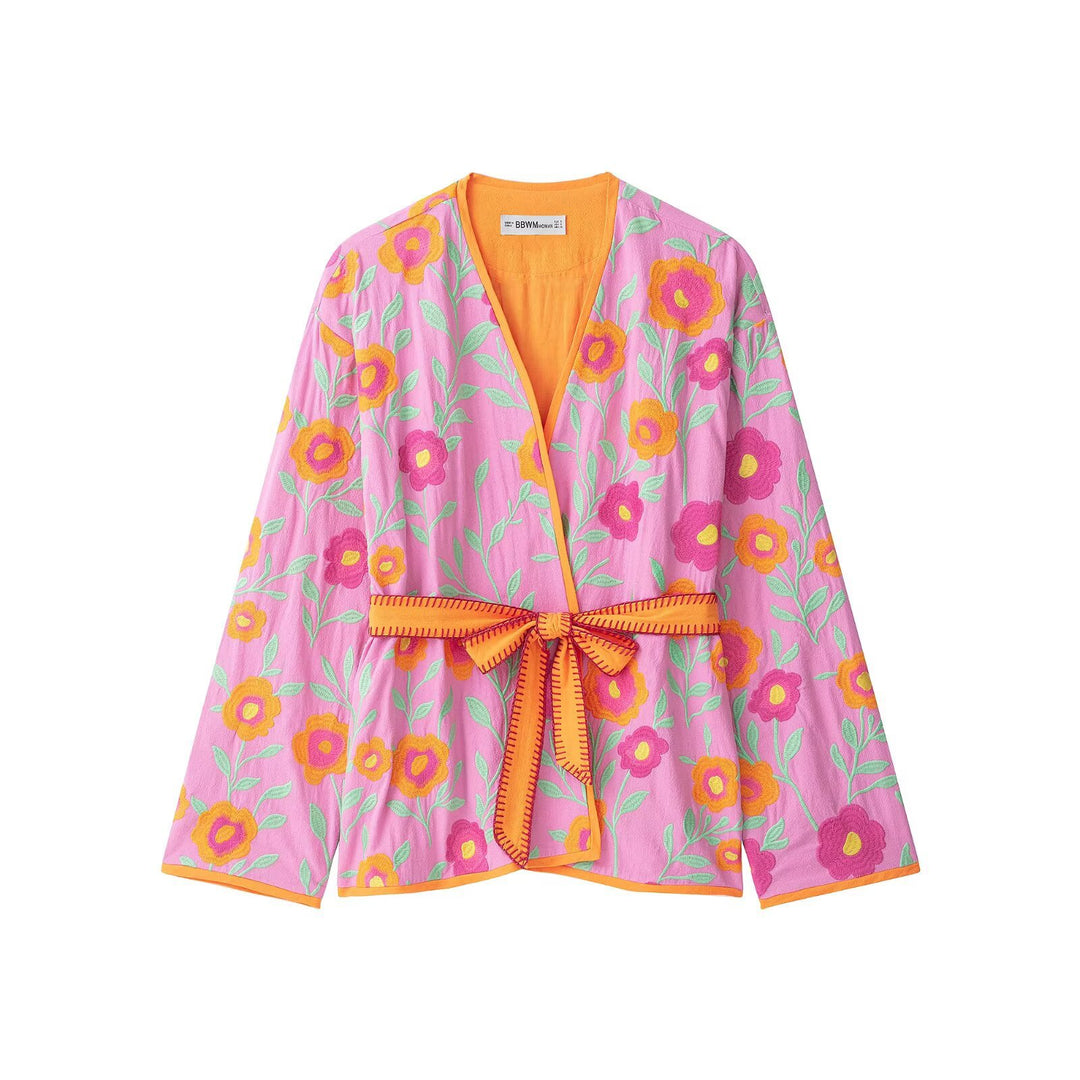 Damen Bestickter Kurzkimono aus Baumwollmischung mit Bindegürtel und V-Ausschnitt Drune