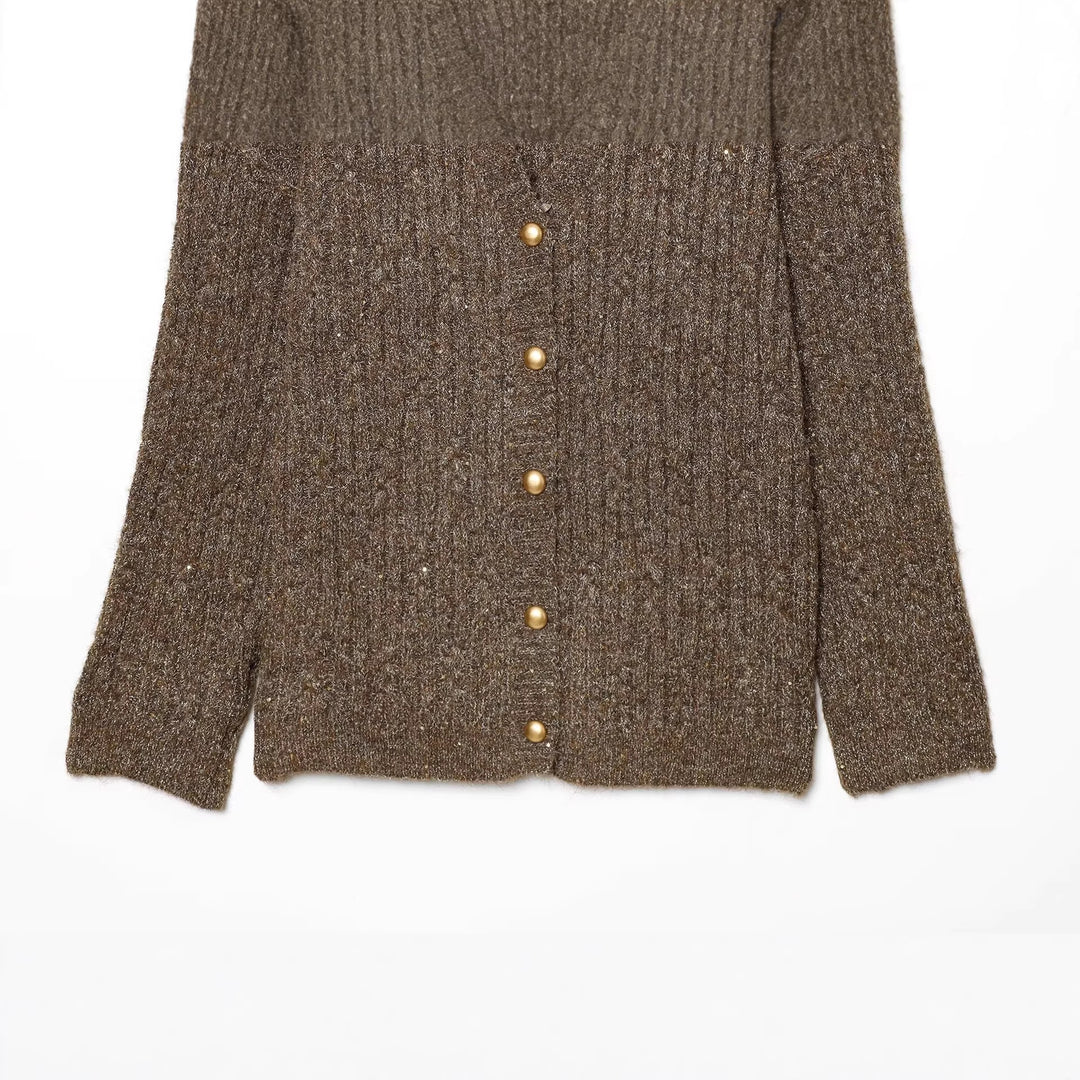 Damen Grobgestrickter V‑Neck Cardigan mit Perlmuttknöpfen und melierter Tweedoptik Drune