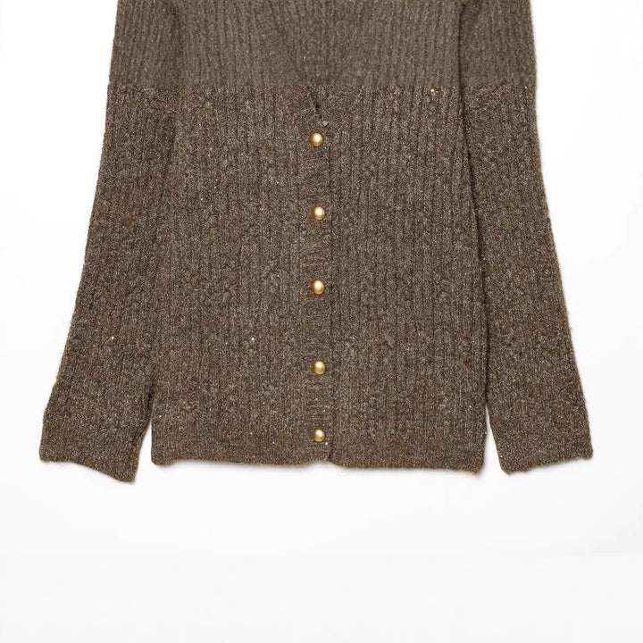 Damen Grobgestrickter V‑Neck Cardigan mit Perlmuttknöpfen und melierter Tweedoptik Drune