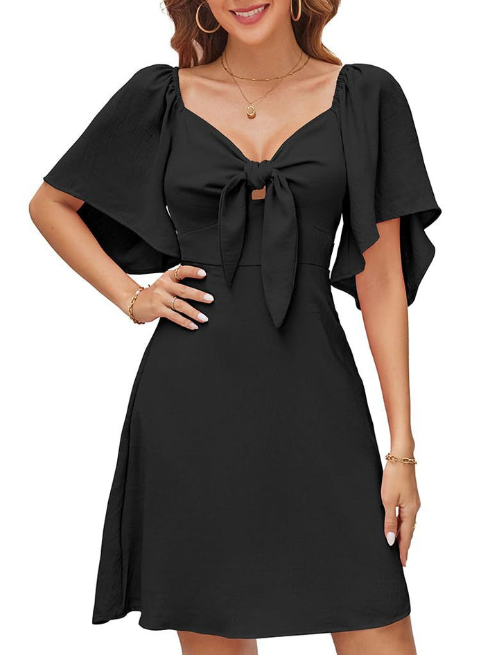 Damen luftiges Kleid mit Schmetterlingsärmeln und Schleifen-Detail Drune