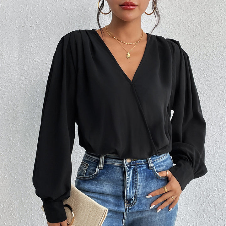 Damen Leichte Wickelbluse mit V-Ausschnitt, gerafften Schultern & Ballonärmeln Drune