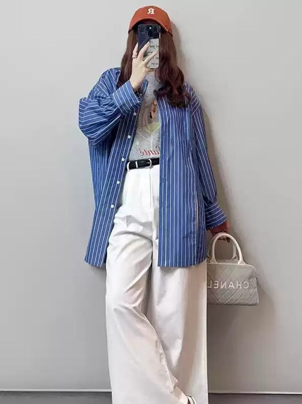 Damen Oversize-Streifenhemd mit verlängertem Saum und kastiger Passform Drune