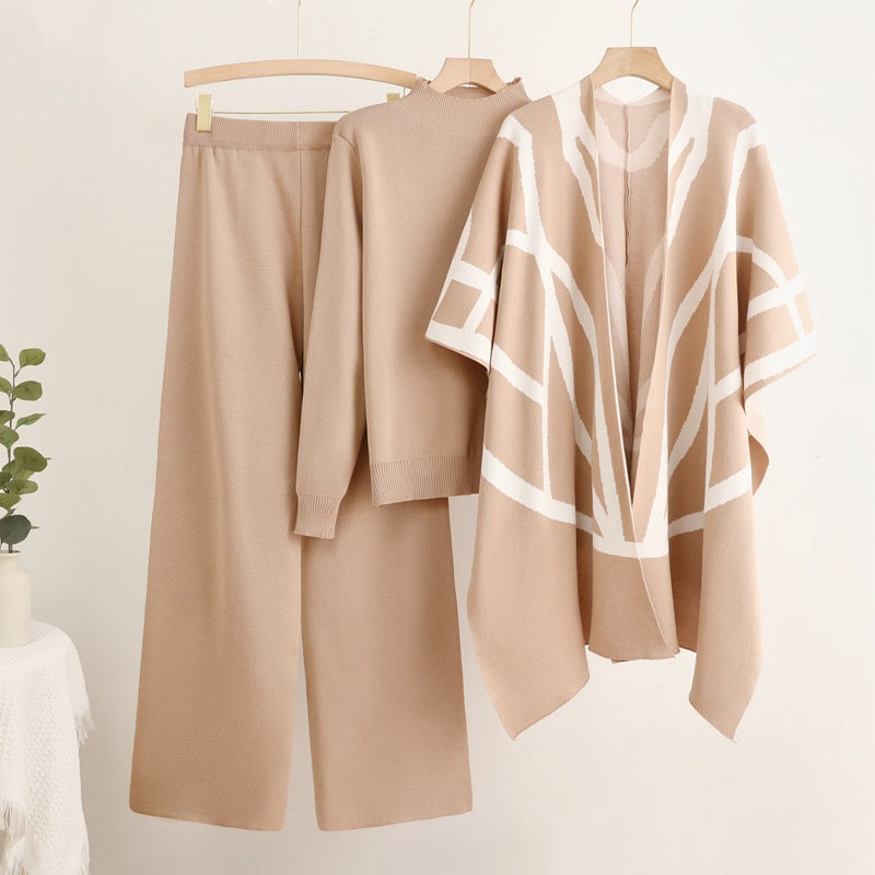 Damen trendiges Strick-Loungewear-Set mit grafischem Poncho-Design Drune