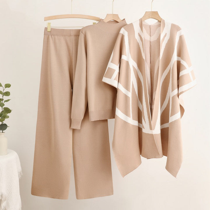 Damen trendiges Strick-Loungewear-Set mit grafischem Poncho-Design Drune