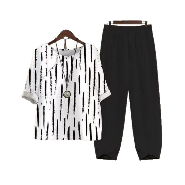 Damen nan weites Shirt mit Pinselstrichmuster, überschnittener Schulter und elastischer Komforthose mit Gummizug Drune