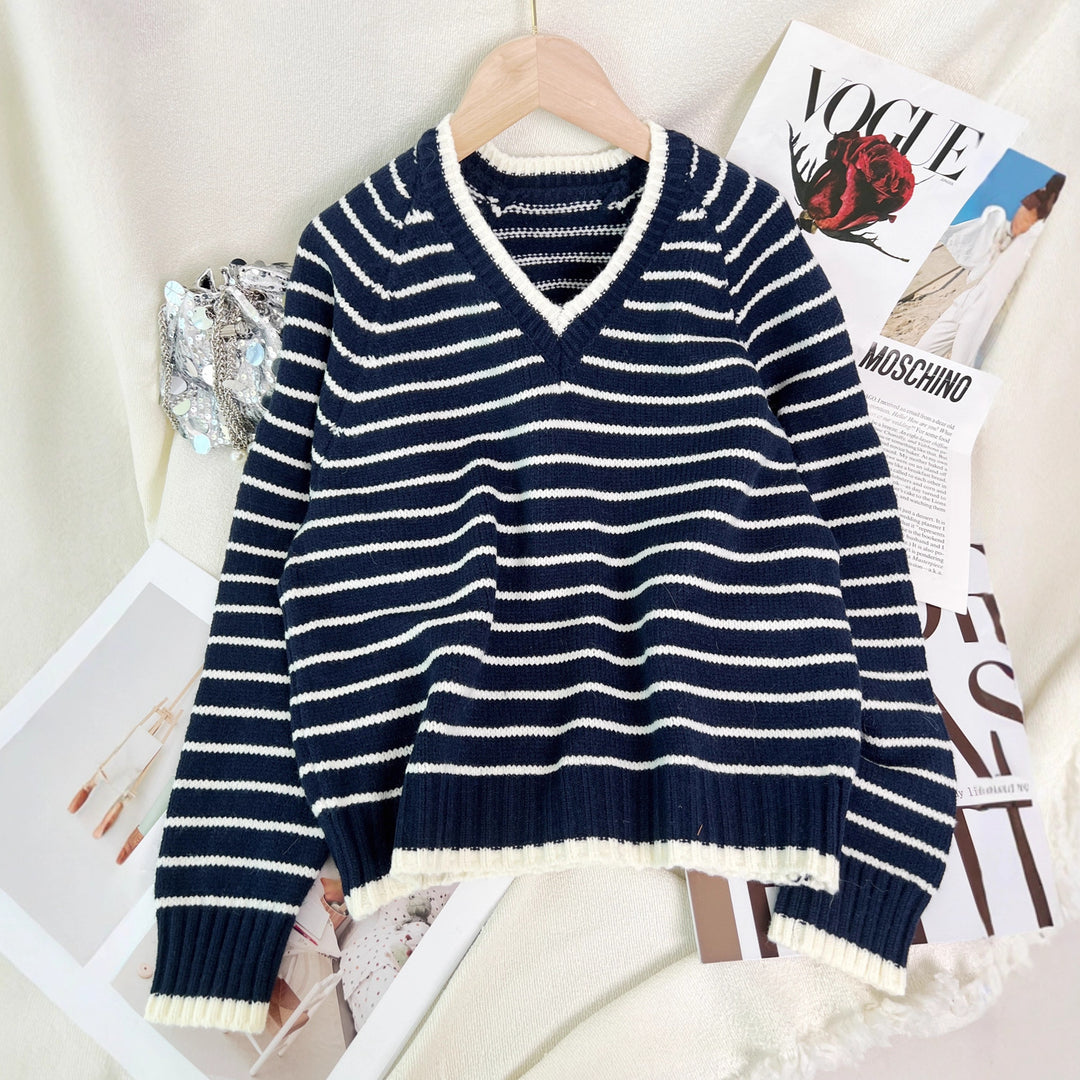 Damen gestreifter V-Ausschnitt Pullover im lässigen Stil Drune