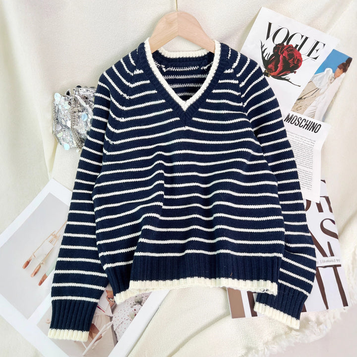 Damen gestreifter V-Ausschnitt Pullover im lässigen Stil Drune