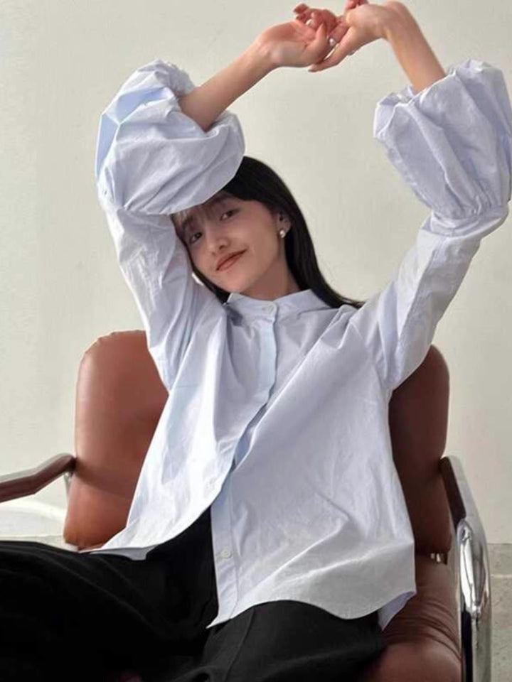 Damen Elegante Bluse mit voluminösen Ärmeln und Stehkragen Drune