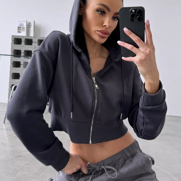 Damen Cropped Kapuzenjacke mit Reißverschluss und Seitentaschen Drune