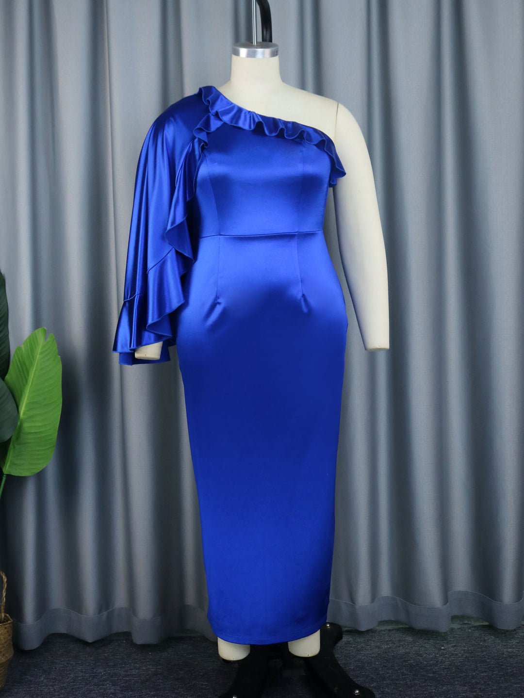 Damen elegantes Maxikleid mit asymmetrischem Rüschendesign Drune