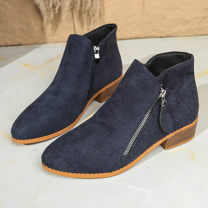 Damen Moderne Kurzschaft-Stiefelette mit sichtbarem Metallreißverschluss und niedriger Holzoptik-Blocksohle Drune
