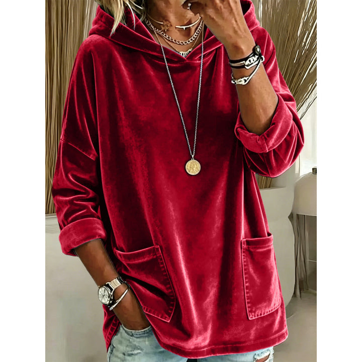 Damen Samt-Hoodie mit Kapuze, Oversize-Schnitt und aufgesetzten Taschen Drune