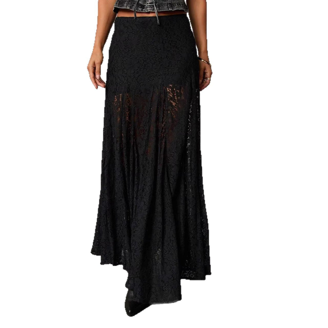 Damen Eleganter Spitzenmaxirock mit fließendem Fall und transparenten Details Drune