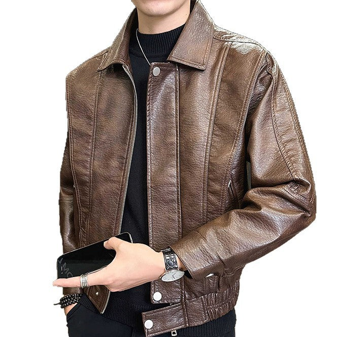 Herren Kurzer Oversized Lederimitat-Blouson mit Stehkragen, Reißverschluss und elastischem Saum Drune