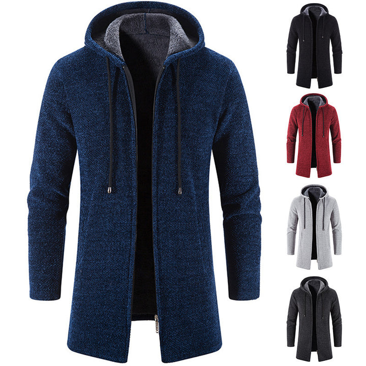 Herren nan langer Kapuzenstrickmantel mit Teddyfutter, durchgehendem Reißverschluss und seitlichen Eingrifftaschen Drune