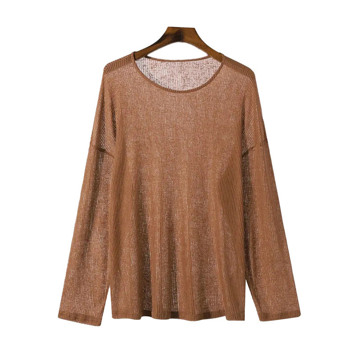 Damen nan locker fallendes Langarm-Feinstrickshirt mit feinem Rippenmuster und Rundhalsausschnitt Drune