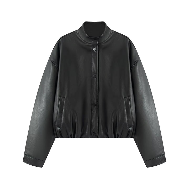 Damen stylische Kunstlederjacke mit Stehkragen Drune