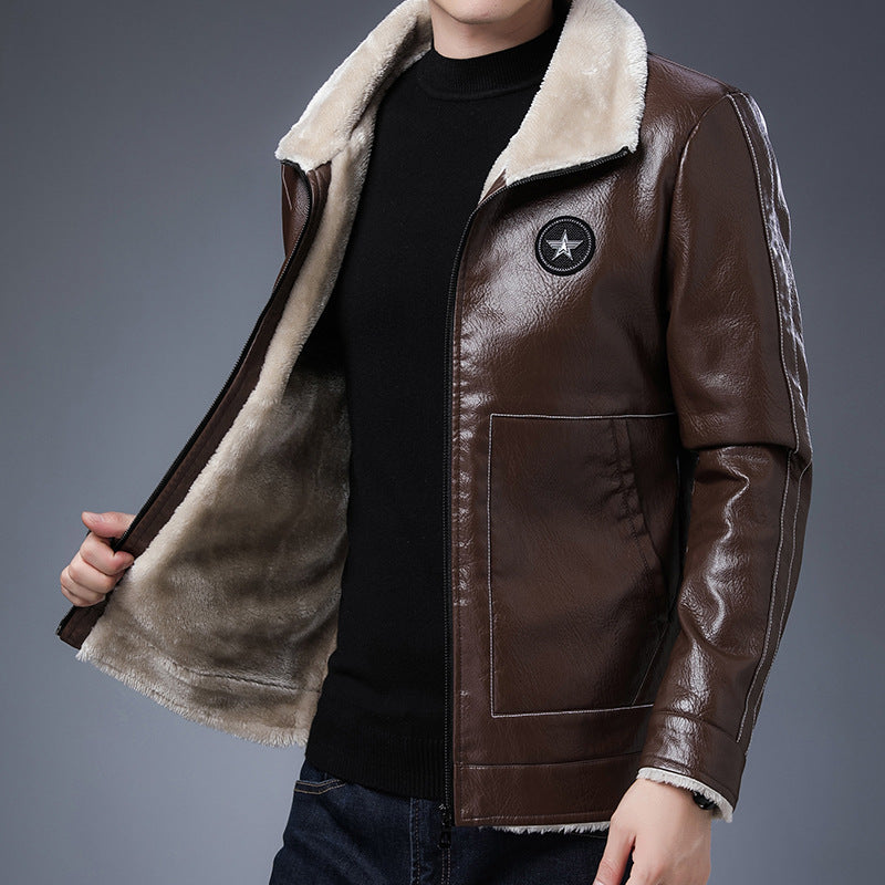 Herren Kunstleder‑Fliegerjacke mit durchgehendem Teddyfutter und Stehkragen Drune