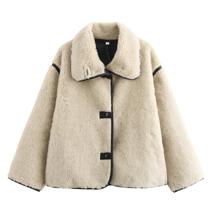 Damen nan kurze Oversize Lammfelloptik Jacke mit breitem Schalkragen und dekorativen Paspelabschlüssen Drune