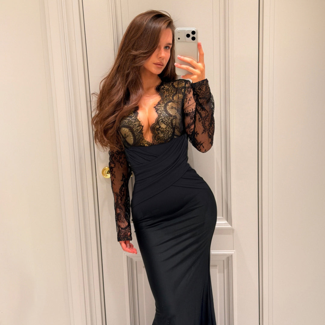 Damen elegantes Abendkleid mit Spitzeneinsätzen und raffiniertem Wickeldesign Drune