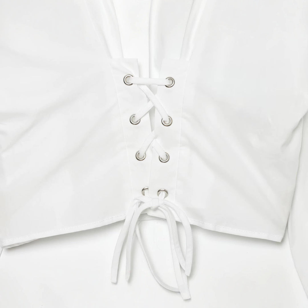 Damen Taillierte Cropped-Bluse mit Stehkragen, Schnürung und langen Manschetten Drune