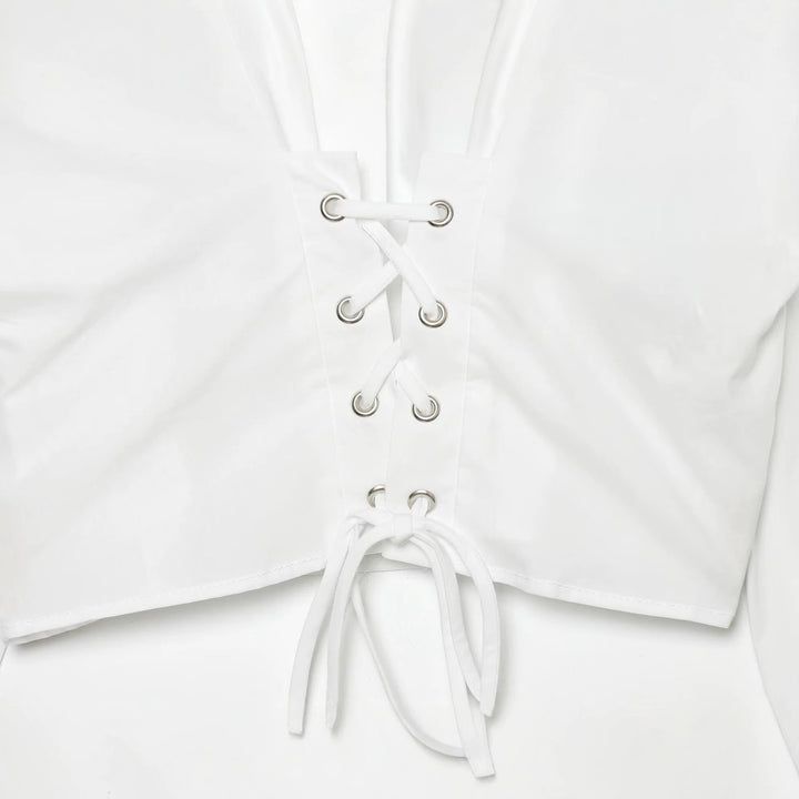 Damen Taillierte Cropped-Bluse mit Stehkragen, Schnürung und langen Manschetten Drune