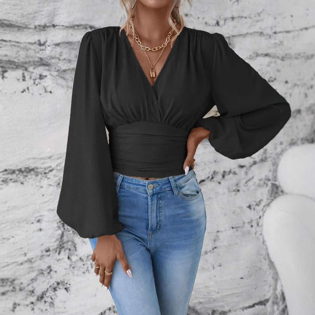 Damen Wickel-Cropped-Top mit geraffter Taillenpartie und weiten Ballonärmeln Drune
