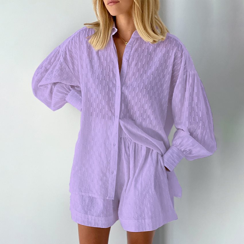 Damen lässiges Oversized Hemd mit Struktur und kurzen Hosen Drune