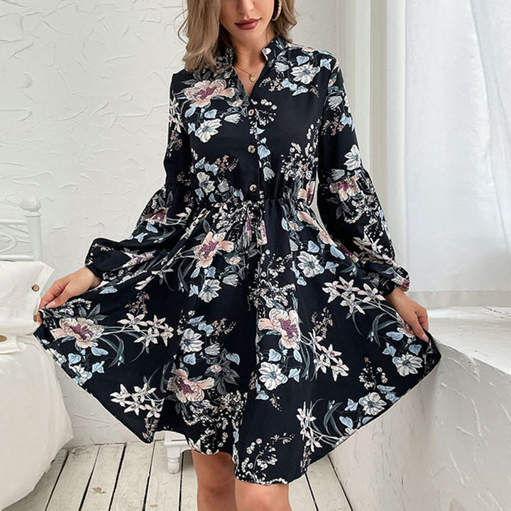 Damen Viskose-Hemdblusenkleid mit Taillen-Kordel, Stehkragen und Volantrock Drune