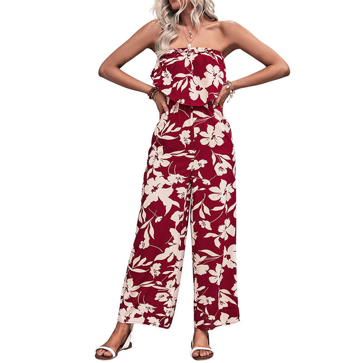 Damen luftiger Jumpsuit mit floralem Rüschenoberteil und weitem Bein Drune