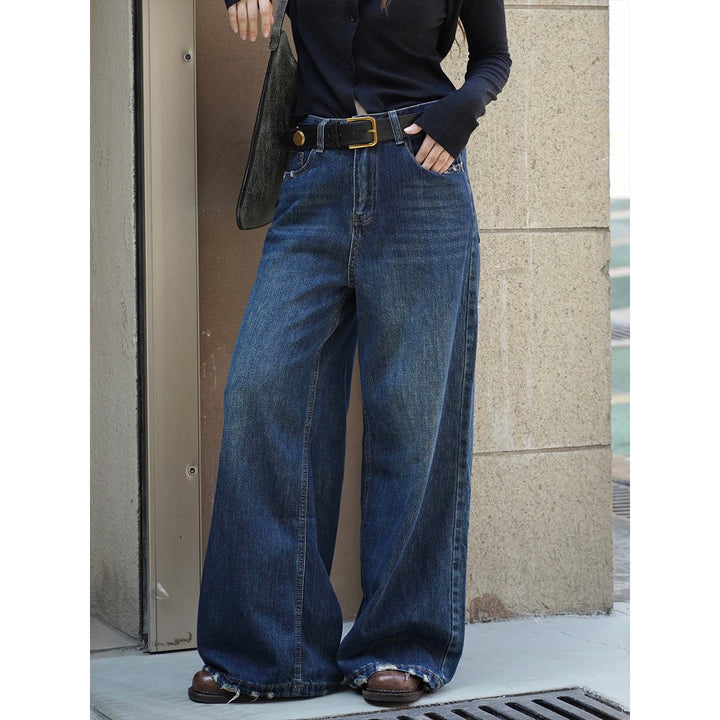 Damen Weite Vintage-Denim Jeans mit hohem Bund und ausgefranstem Saum Drune