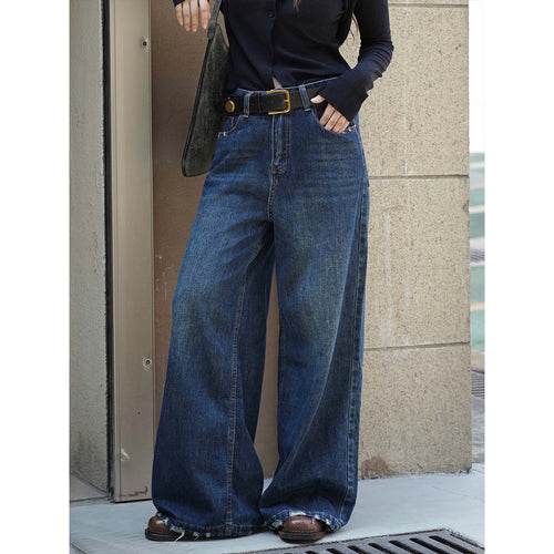 Damen Weite Vintage-Denim Jeans mit hohem Bund und ausgefranstem Saum Drune