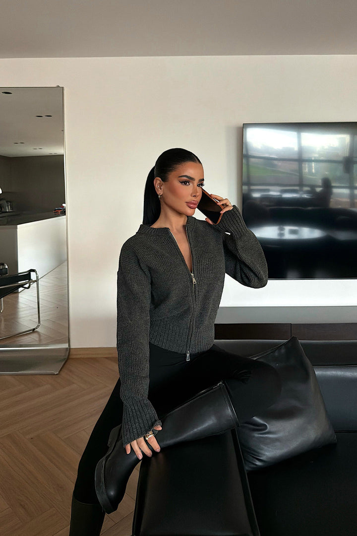 Damen Schicke Strickjacke mit Reißverschluss und breiten Bündchen