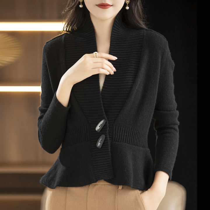 Damen elegante Strickjacke mit Wickeloptik und Knopfdetail Drune