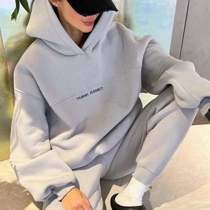 Damen Oversized Kapuzenpullover mit Statement-Print und elastischer High-Waist Jogginghose Set Drune