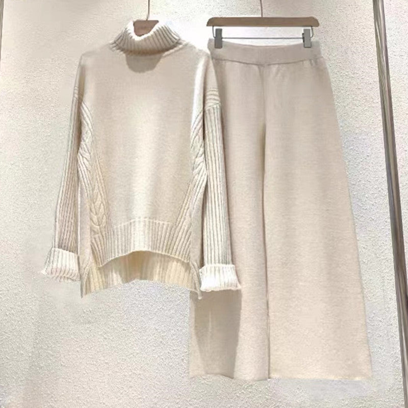 Damen modisches Strickset mit hohem Kragen und weitem Bein Drune