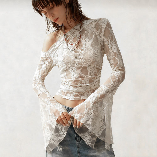 Damen elegantes Spitzenoberteil mit voluminösen Glockenärmeln Drune