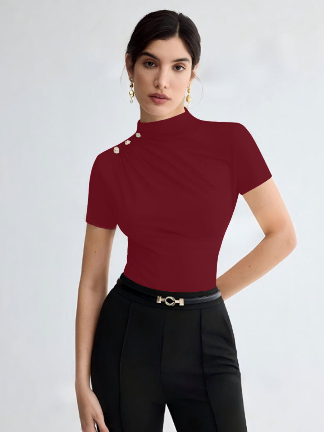 Damen elegantes Oberteil mit dekorativen Knopfdetails und modernem Stehkragen Drune