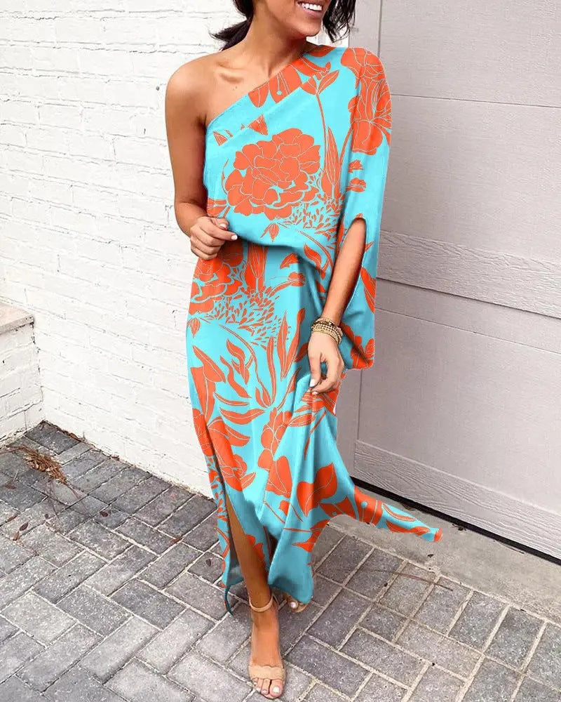 Damen Elegantes Maxikleid mit einem Schulterdesign und floralen Mustern Drune